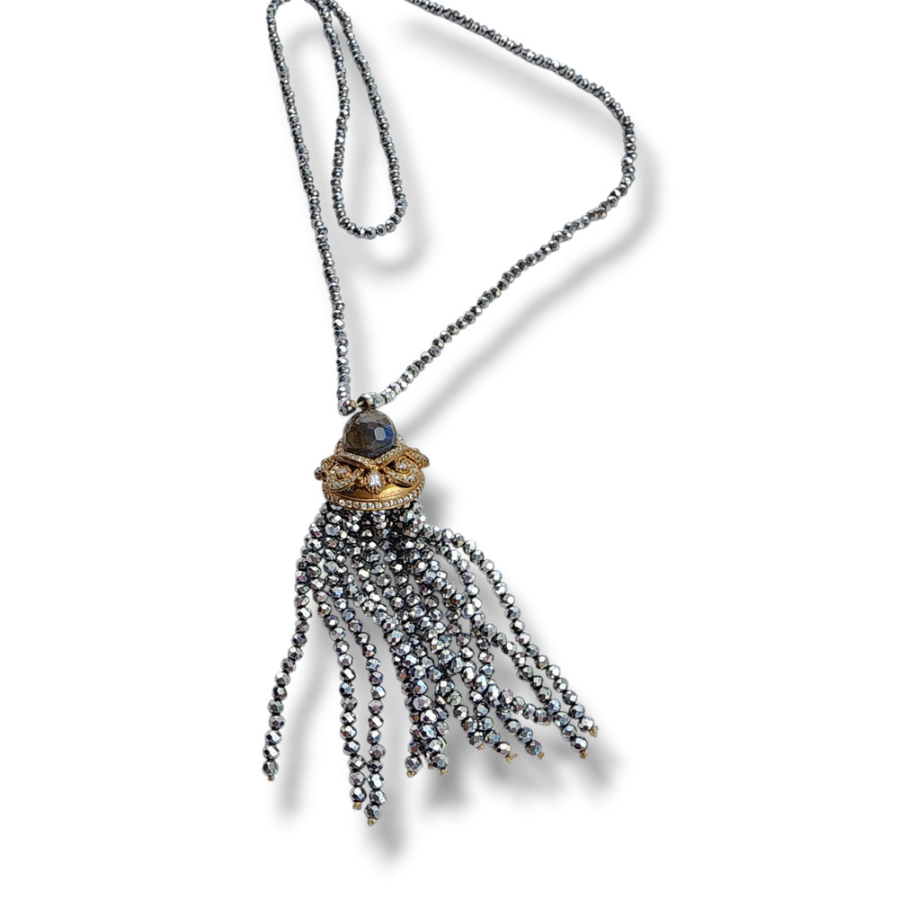 Bohemian neckline long tassel beaded Labradorite crystal gray silver coastal